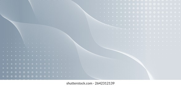 Grey white abstract background with flowing particles. Digital future technology concept. Smooth dynamic wavy lines. Suit for banner, brochure, presentation, corporate, cover, poster, website