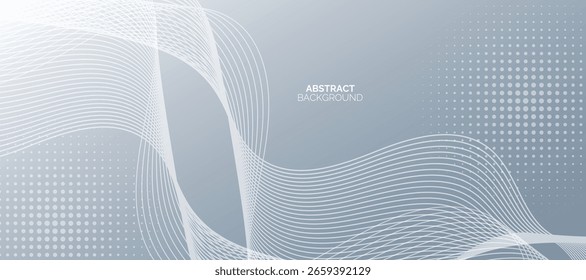 Grey white abstract background with flowing particles. Digital future technology concept. shining wave lines pattern for banner, wallpaper, cover.