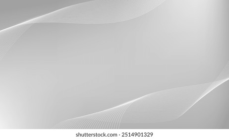 Modelo abstracto gris y blanco de la onda de la línea con el bolso del gradiente. Textura digital suave ondulada mínima 3D. Fondo dinámico neutral plateado. Flujo de datos moderno y fondo de partículas. Anuncio de red gris