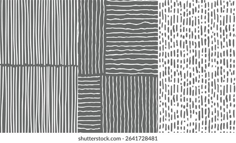 Grey and white abstract pattern featuring vertical and horizontal lines stripes and dashes creating a textured effect The design is simple and repetitive suitable for various applications