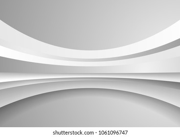 Grey and white abstract tech wavy background with curved stripes. Vector corporate design