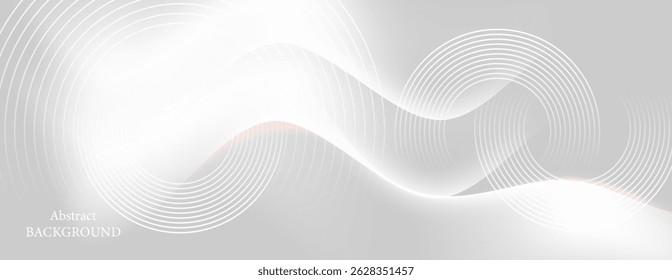 A grey and white background featuring horizontally stacked curves and circles, creating a sense of fluidity and abstraction. Light and transparency are used to lighten and brighten areas.