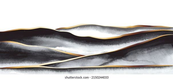 Grey, white, black watercolor fluid painting vector background design. Abstract hills, mountains, landscape. Golden waves, lines.