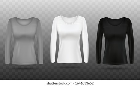 Grey, white and black women's long sleeve shirt mockup set isolated on transparent background. Realistic mock up collection of female sports wear - vector illustration.