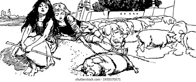 Grey and White Castles, this scene shows two girls sitting on ground holding stick in hand, group of pigs standing near them, vintage line drawing or engraving illustration