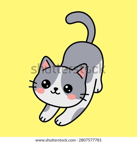 Grey and white cat character stretching for cute kitten sticker and lovely domestic pet nursery kids print