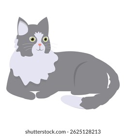 Grey and white cat with green eyes lying down and looking up