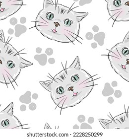 Grey and white cat seamless pattern. Meow and cat gray paws background vector illustration. Cute cartoon pastel character for nursery girl or boy baby print.