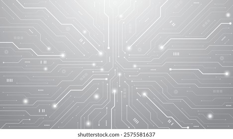 Grey white circuit board background. High-tech circuit board digital technology. Top view electronic motherboard background. Vector illustration.