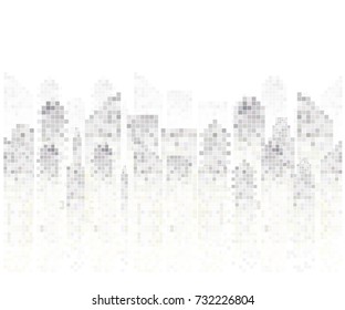 Grey White Cityscape pattern with random squares or cells. Digital buildings for your design.Vector city scene on white background.