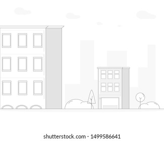 Grey and white cityscape with threes and bushes