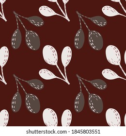 Grey and white colored branches design seamless pattern. Hand drawn floral abstract print with maroon background. Stock illustration. Vector design for textile, fabric, giftwrap, wallpapers.