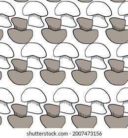 Grey and white contoured mushroom elements seamless doodle pattern. Isolated print. Vector illustration for seasonal textile prints, fabric, banners, backdrops and wallpapers.