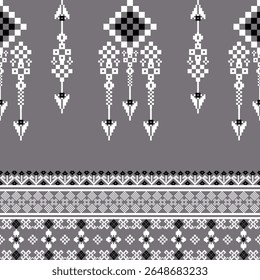 Grey and white cross-stitch seamless pattern with ethnic ornament. Boho style. Vector illustration. Ideas for carpet, rug, wall tapestry, table runner, elaborate borders, and textiles. Pixel pattern.