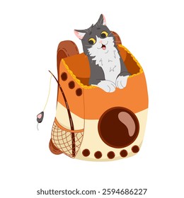 Grey and white domestic shorthair cat in a pet carrier backpack with a window for transportation to the vet or traveling. Cute vector hand drawn cartoon illustration on white for stickers, web, print