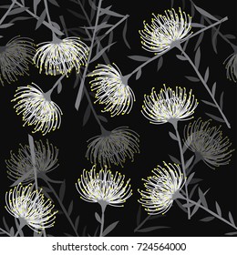 Grey and white flowers Vintage card with leaves on black background. Book cover with flower texture. Vector illustration.