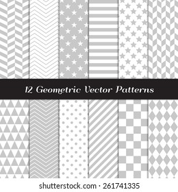 Grey and White Geometric Patterns. Backgrounds in Diamond, Chevron, Polka Dot, Checks, Stars, Triangles, Herringbone & Stripes Patterns. Vector EPS File Pattern Swatches with Global Colors.