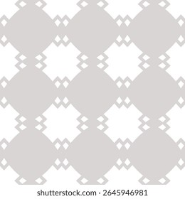 Grey and white geometric seamless ornament. Minimal vector abstract pattern with checkered grid, rhombuses, squares, diamonds. Simple elegant background. Subtle repeat design for print, decor, fabric