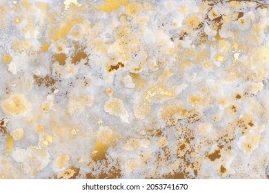 Grey, white and golden foil watercolor background. Decorative wall plaster imitation. Chic, elegant, shiny texture. 