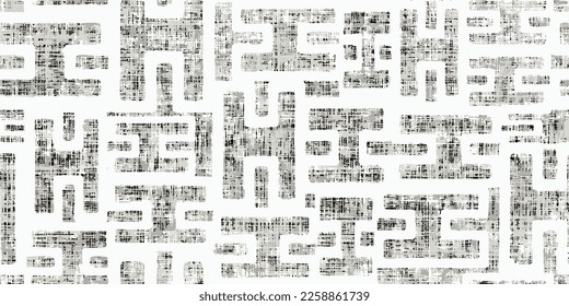Grey white gray abstract maze distressed geometric background. Hand drawn seamless pattern with bold square lines intricate vector background with brush strokes. Irregular maze and labyrinth