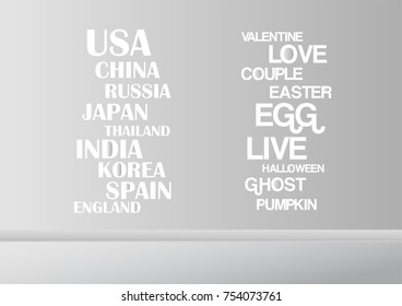 Grey and white interior background with words for holiday and some countries.