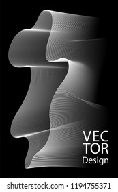 Grey and white intersecting lines on black, tech fibers motion. Image abstract flowing curves pattern background, geometric design. Futuristic smoky image pattern for cover, banner layout.