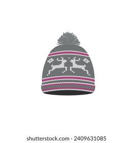 Grey and white  knitted winter hat. vector illustration