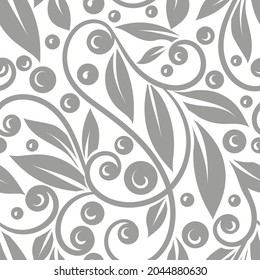 Grey and white leaves seamless pattern. Abstract vector ornament template. Paisley elements. Great for fabric, invitation, background, wallpaper, decoration, packaging or any desired idea.