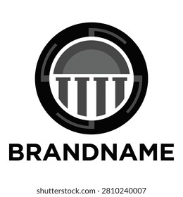Grey and white logo with columns and semicircle design element icon