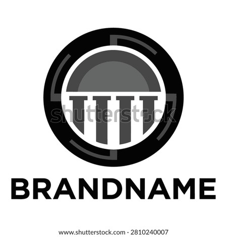 Grey and white logo with columns and semicircle design element icon