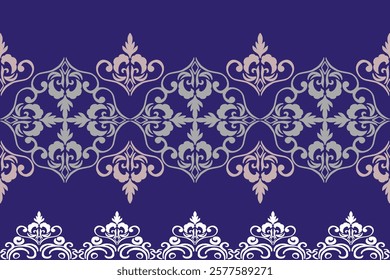 Grey and white on blue background classic traditional damask ornament, seamless pattern, vector illustration. Design for elaborate borders, tiles, ceramic pottery, and clothing.