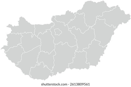 Grey with White Outline Hungary Map with District Borders Europe Country