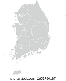 Grey with White Outline South Korea Map with District Borders Asian Country