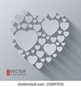 Grey and white paper heart shape on gray background with long shadows. RGB EPS 10 vector illustration