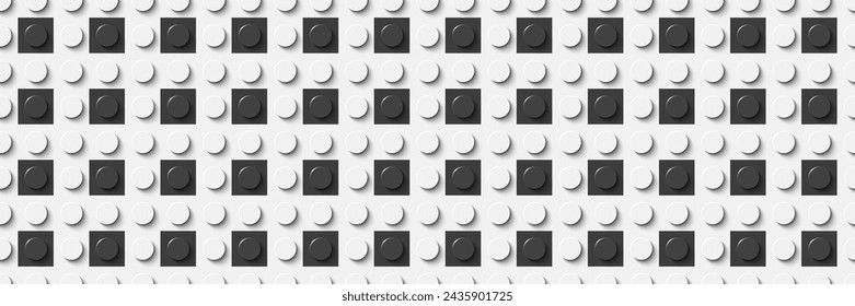 Grey and white plastic construction plate banner. Closeup plastic toy block. Abstract vector background. Seamless modern pattern