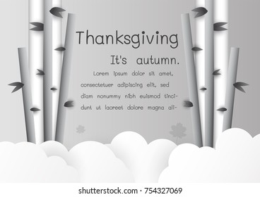 Grey and white scene with bamboo, leaf and clouds. Background for Happy Thanksgiving in paper cut style.