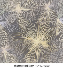 Grey and white seamless background with white and pink flowers. Vector Graphic. Flourish repeating pattern.