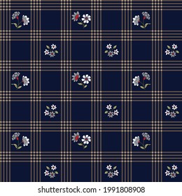 grey and white seamless small flowers bunches pattern on brown stripe navy background