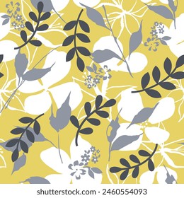 grey and white seamless vector flowers leaf pattern on yellow background