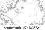 A grey and white sketch of an ancient map with detailed landforms and a compass rose.