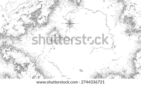 A grey and white sketch of an ancient map with detailed landforms and a compass rose.
