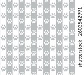 Grey and white stripe pattern with doodle paw prints. Seamless fabric design pattern