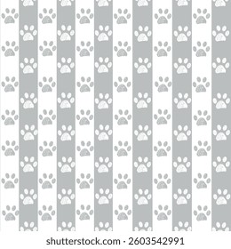 Grey and white stripe pattern with doodle paw prints. Seamless fabric design pattern