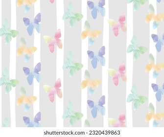 grey with white stripes with multi colored butterflies