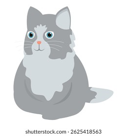 Grey and white tabby cat sitting with a happy expression on its face