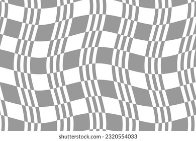Grey and white tartan plaid fabric pattern. Wavy checkered flag texture background vector. Wave stripes ethnic pattern. Abstract geometric shapes.