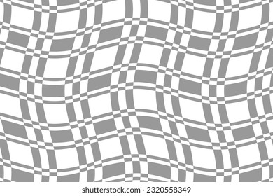 Grey and white tartan plaid fabric pattern. Wavy checkered flag texture background vector. Wave stripes ethnic pattern. Abstract geometric shapes.