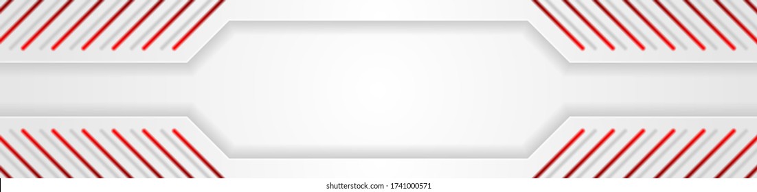 Grey white tech geometric background with abstract red lines. Vector banner design