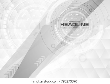 Grey and white technology background with HUD gears. Low poly concept geometric vector design