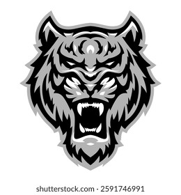 grey white tiger head logo illustration vector, suitable for t-shirt and merchandise company logo, made with high accuracy design planning